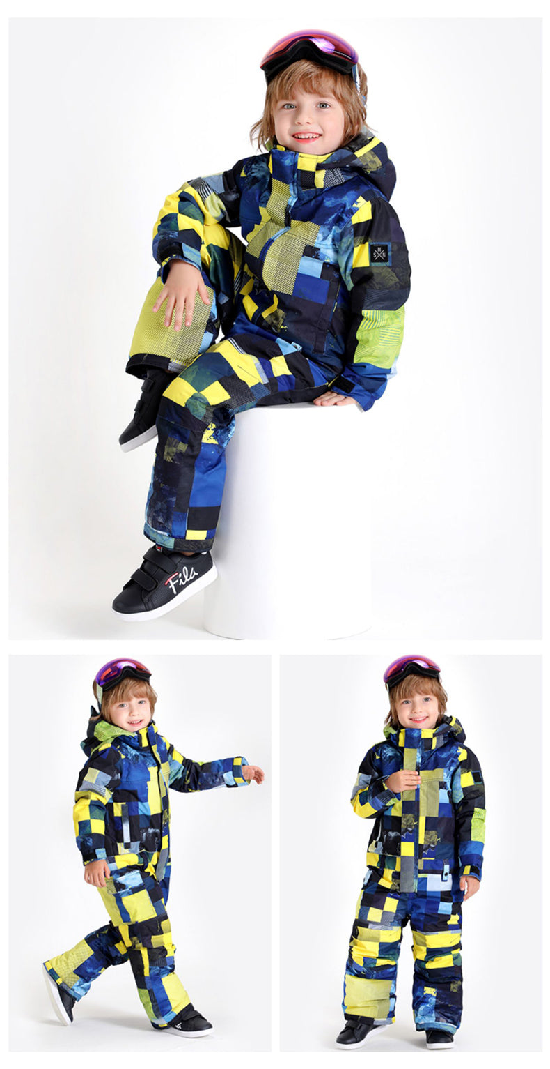 Kids Unisex Waterproof Colorful Winter Outdoor Ski Suit One Piece Snowsuits For Boy & Girl